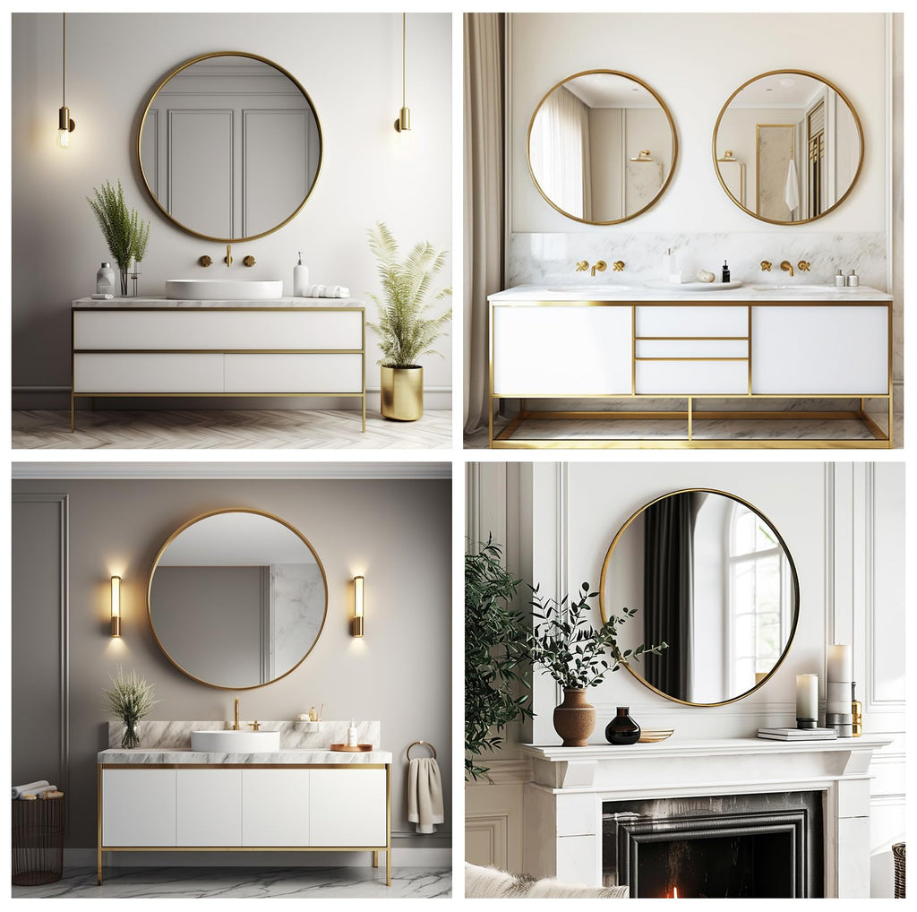 Small Round Mirror, 16 inch Gold Circle Mirror, Brushed Metal Frame