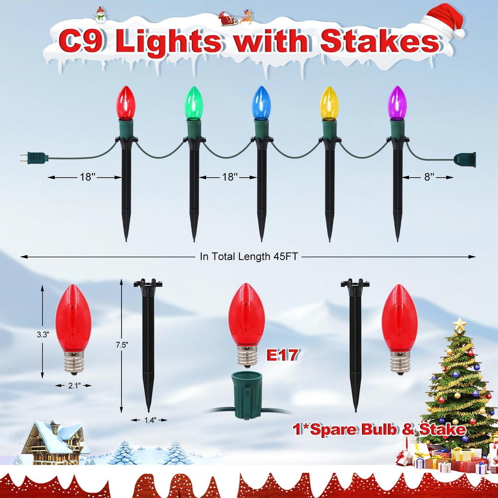 45Ft C9 Led Christmas Pathway Lights Outdoor, 30 Multicolor Bulbs Waterproof Connectable Christmas Walkway Lights for