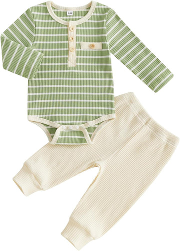 Newborn Baby Boy Clothes Ribbed Knitted Striped Romper Pants Set