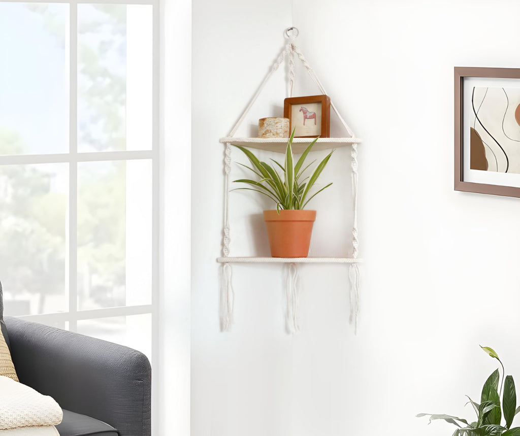 Corner Shelf Macrame Wall Hanging, Boho Wood Storage Wall Decor