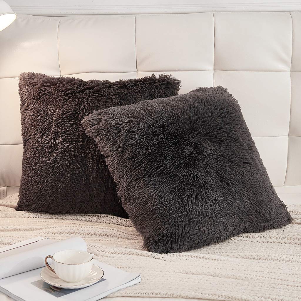 Fluffy Faux Fur Throw Pillow Covers Pack of 2, Dark Gray