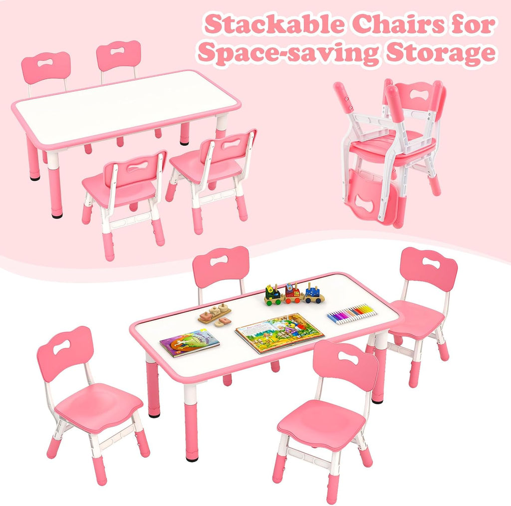 Kids Table and Chiar Set, Height Adjustable Toddler Desk and 4 Chairs with Graffiti Desktop Non-Slip Legs, Large 47"
