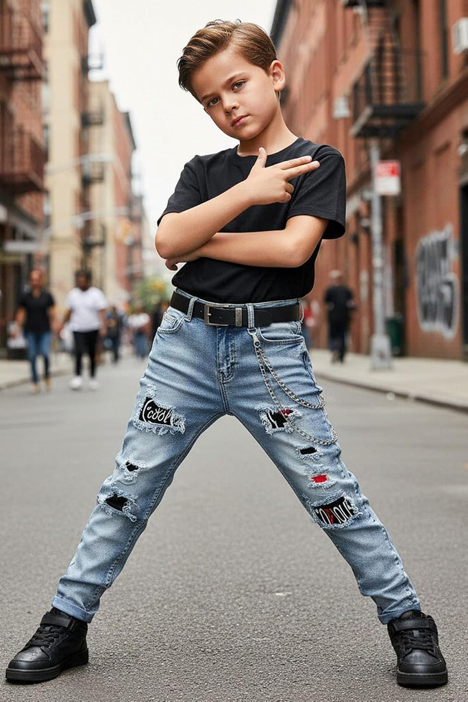 Boy's Skinny Fit Ripped Destroyed Distressed Stretch Slim Jeans Pants