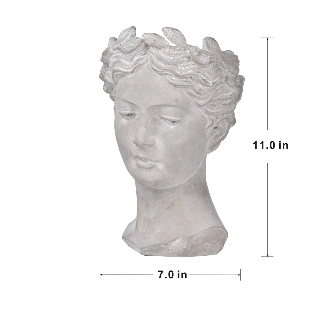 Gray Young Girl Bust Planter Indoor Outdoor Décor Cement Pot Beautiful Woman Face Greek Sculpture Flower Hair 7" x