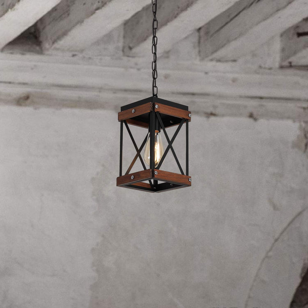 Rustic Farmhouse Plug in Pendant Light with 15ft Cord, On/Off Switch, Wood & Metal Cage Adjustable Chains Industrial