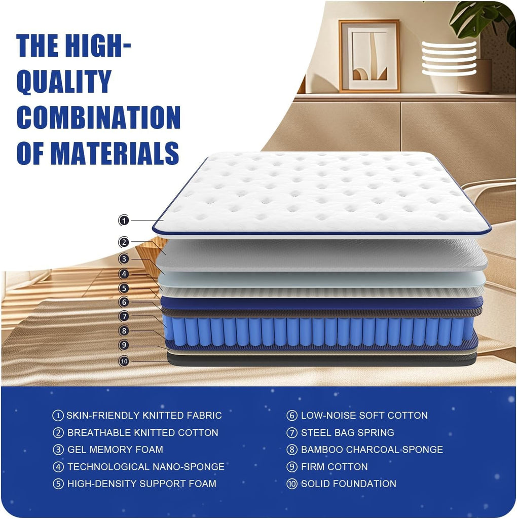 12 Inch Queen Hybrid Mattress, Medium Firm, Memory Foam and Pocket Springs, Motion Isolation, Edge Support, Pressure