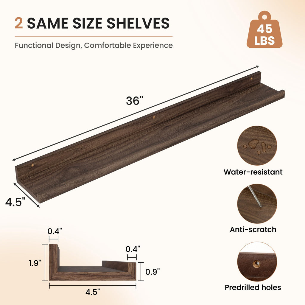 Picture Ledge Shelf for Wall, Floating Shelves Set of 2, 36 Inch Long Floating Shelves with Lip, Walnut