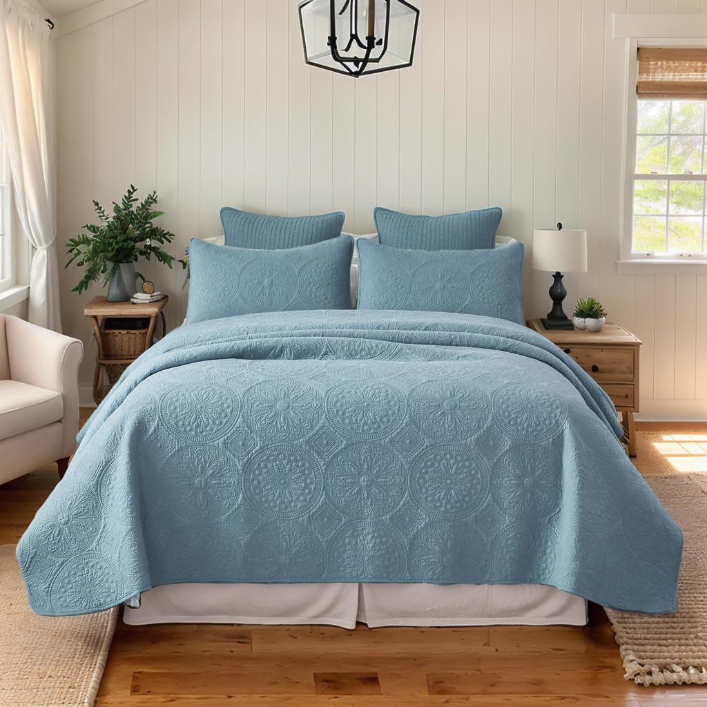 Blue Quilt Set Cotton Queen Chic Medallion Matelasse Coverlet 3PC