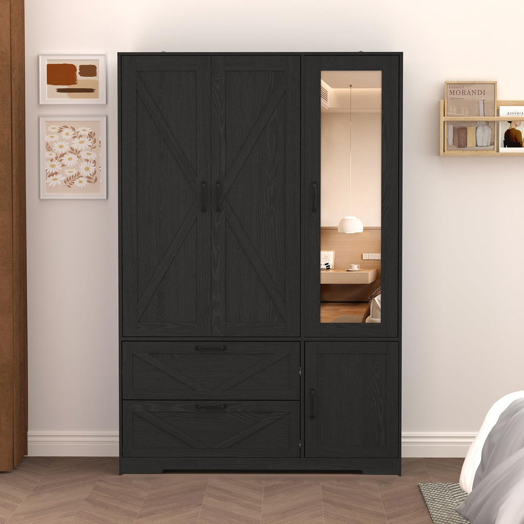 72" Armoire Wardrobe Closet with Mirror Door and LED Lights, 3 Doors Farmhouse Bedroom Armoire with Drawers and