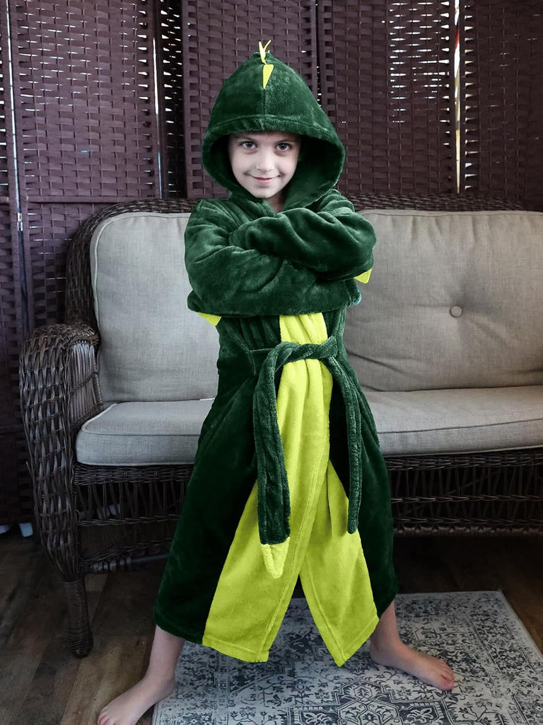 Kids Robe Boys Girl Dinosaur Plush Fleece Hooded Bathrobe