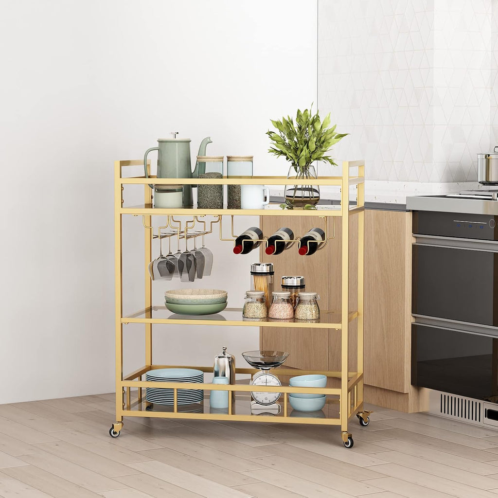 Bar Cart Gold with Bottle Storage and Wine Glass, Rolling Serving Bar Cart on Wheels Indoor & Outdoor, Patio, Gold