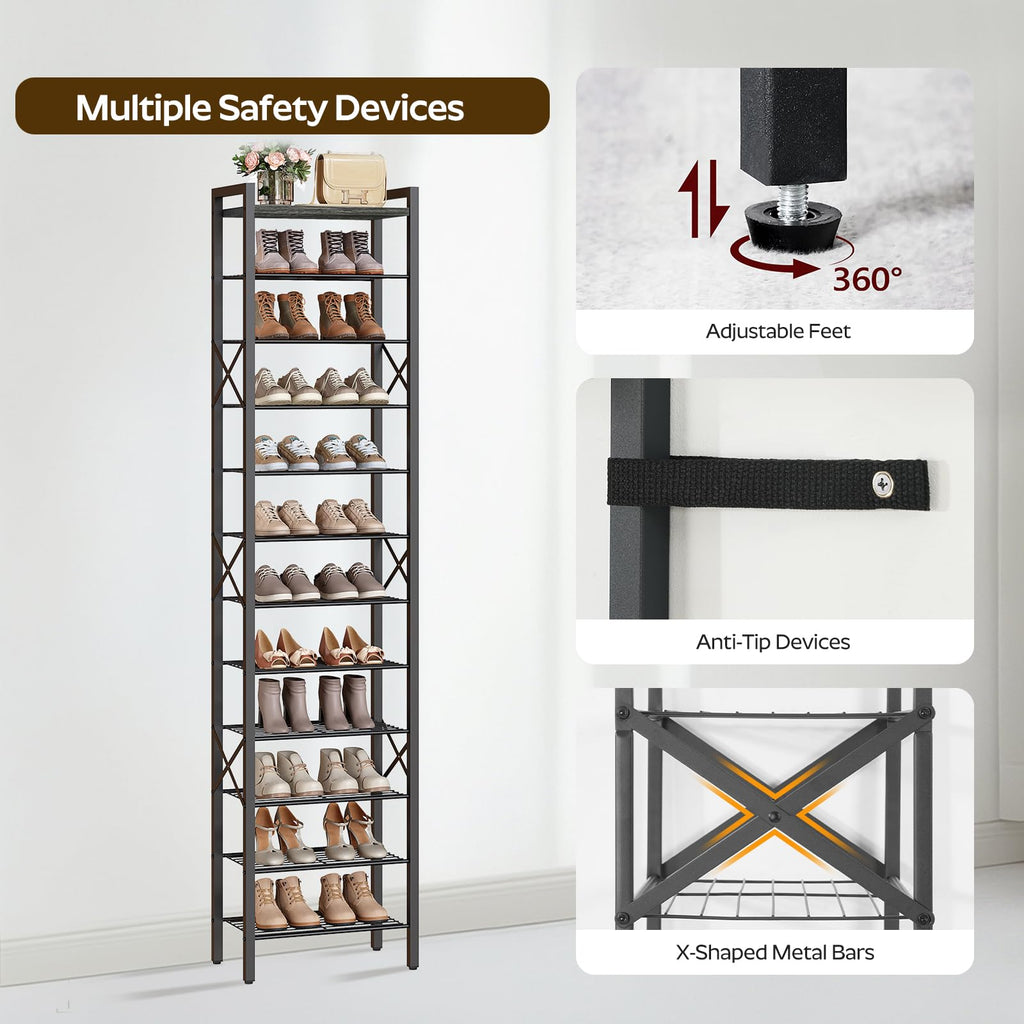 12-Tier Narrow Shoe Rack, Tall Shoe Rack for 12-24 Pairs, Slim Shoe Storage Organizer with Wooden Top, Space Saving