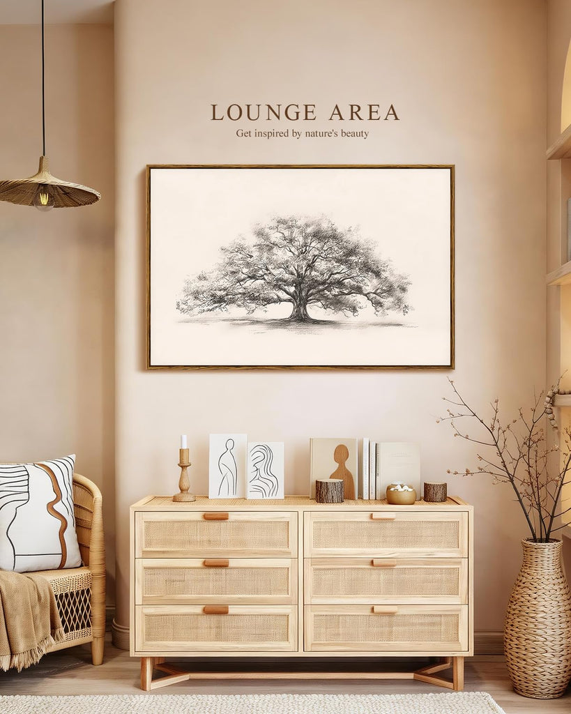 Large Vintage Wall Art, Sketch Tree Landscape Painting, 24x36Inch