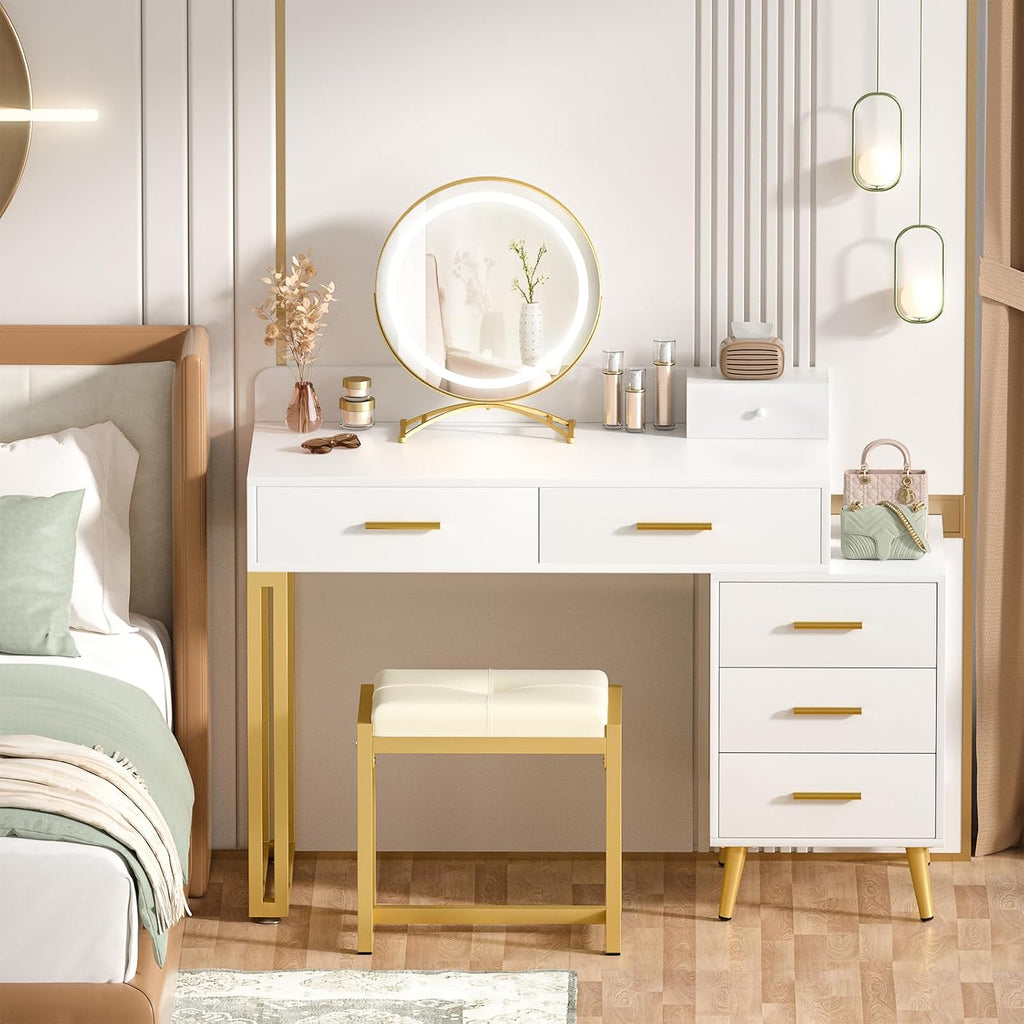 White Vanity Desk with Mirror and Lights, Modern Makeup Vanity Table Set with 6 Storage Drawers and Cushioned Stool