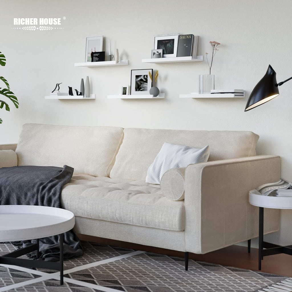 5-Set Floating Shelves with Lip, White Wall Mounted Wood Shelf