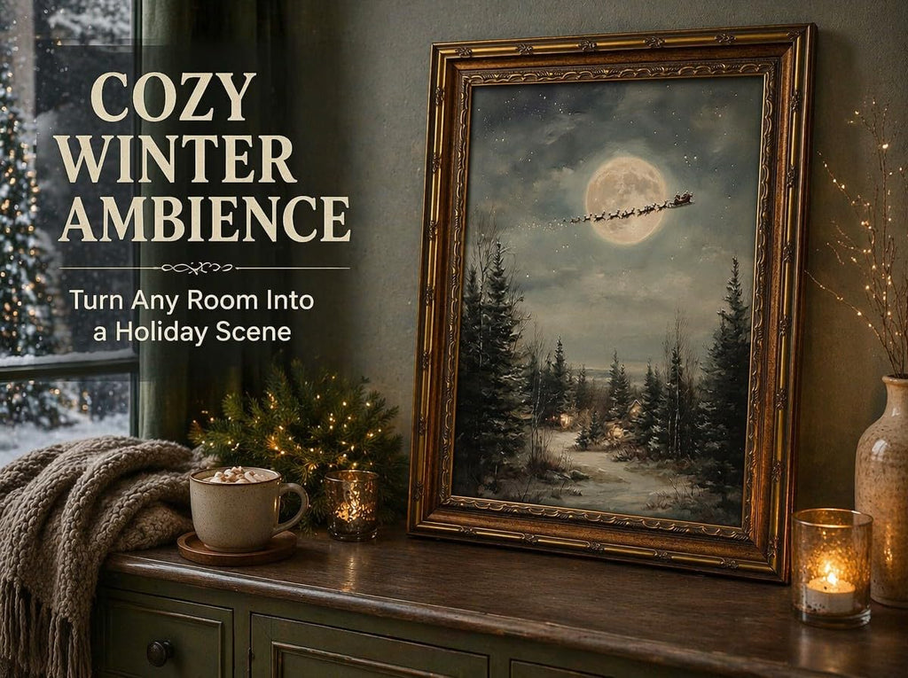 Vintage Santa Sleigh Framed Wall Art Antique Christmas Night Full Moon Snowy Winter Forest Farmhouse Holiday Wall