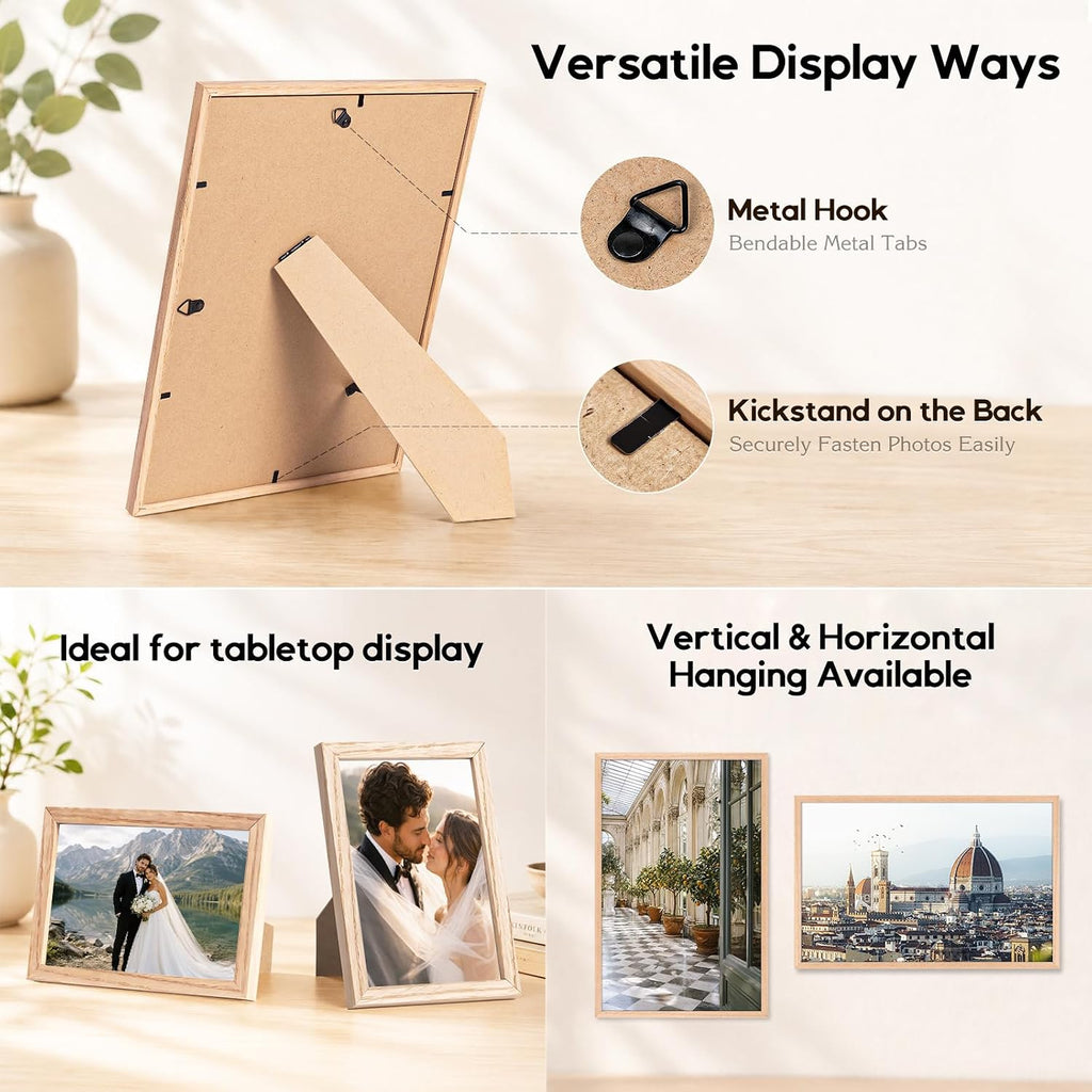 8x10 Solid Oak Wood Picture Frames, 6 Pack | Natural solid oak frames with polished real glass, horizontal & vertical