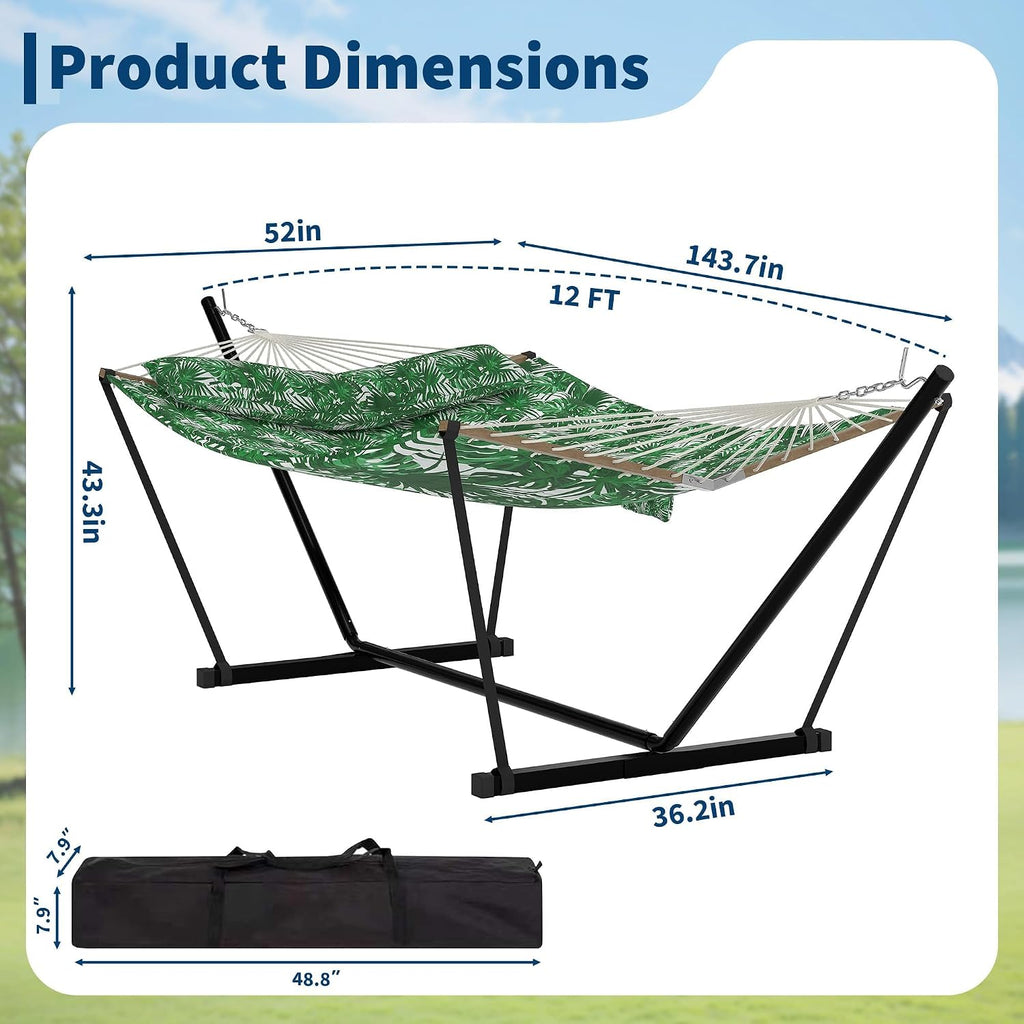 2 Person Outdoor Hammock with Stand, Green Banana Leaf Color | 450 LBS Heavy Duty Anti-Tipping Frame with Balance