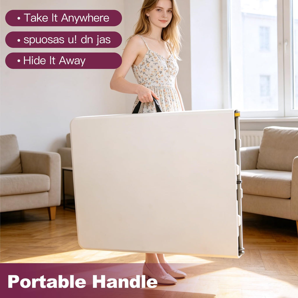 6FT Folding Table, Portable Fold-in-Half Plastic Utility Table with Carrying Handle, Heavy Duty Indoor Outdoor Dining