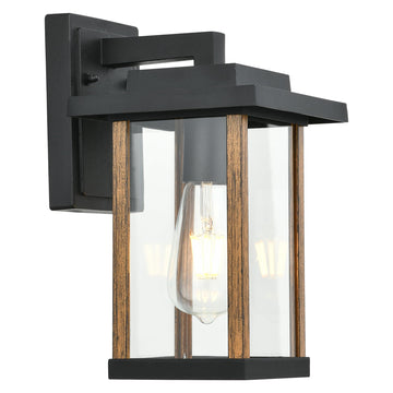 Outdoor Wall Sconce Outside Porch Light in Wood Grain & Black Finish