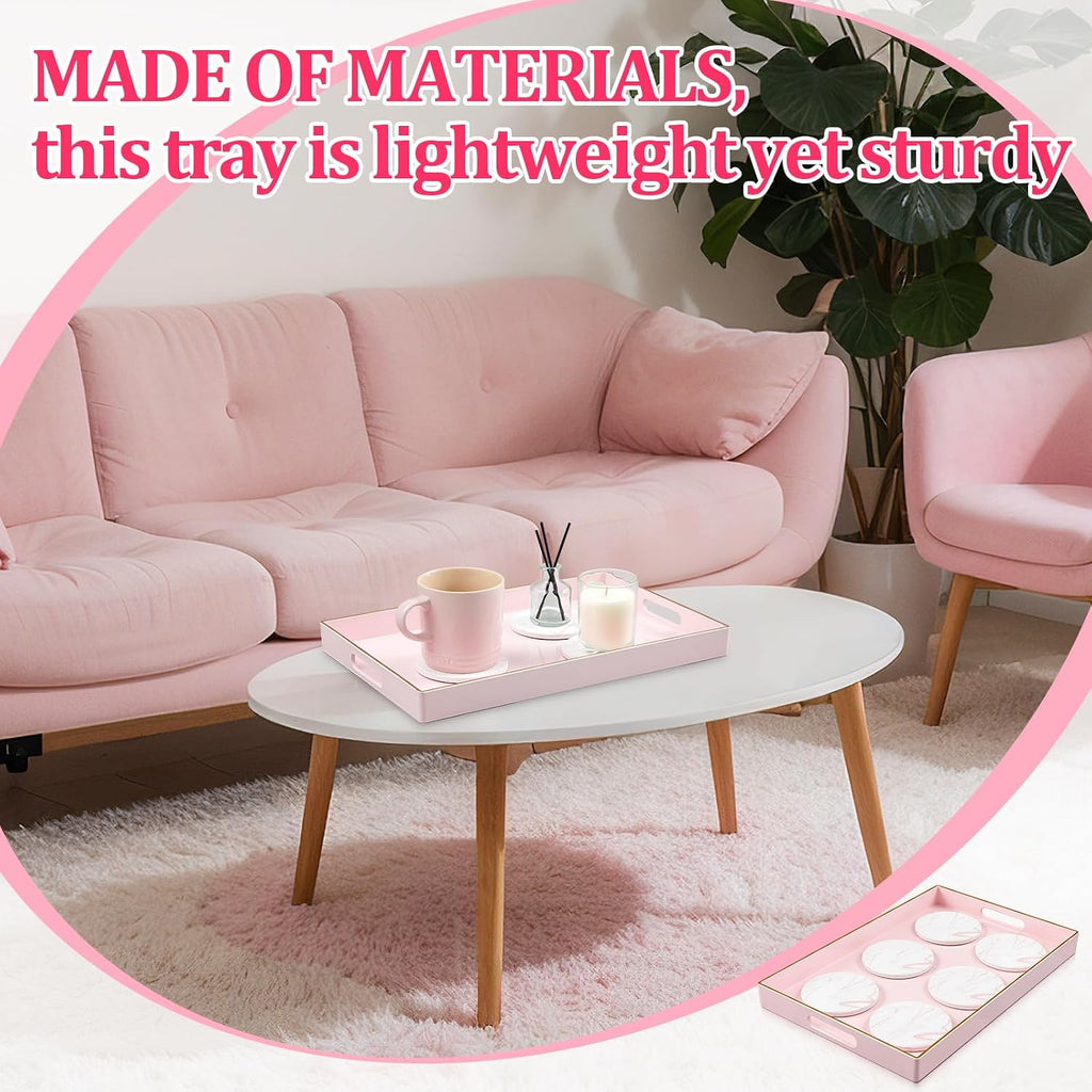 Pink Serving Tray and Coaster Set Contains 1 Pink Rectangular Tray with Handles-15.7 x 10.2 Inch, and 6 Marble Style - Set of 7