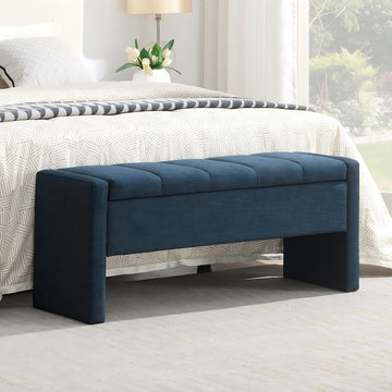 47.25 Inch Storage Ottoman Bench, Linen Upholstered, Light Taupe