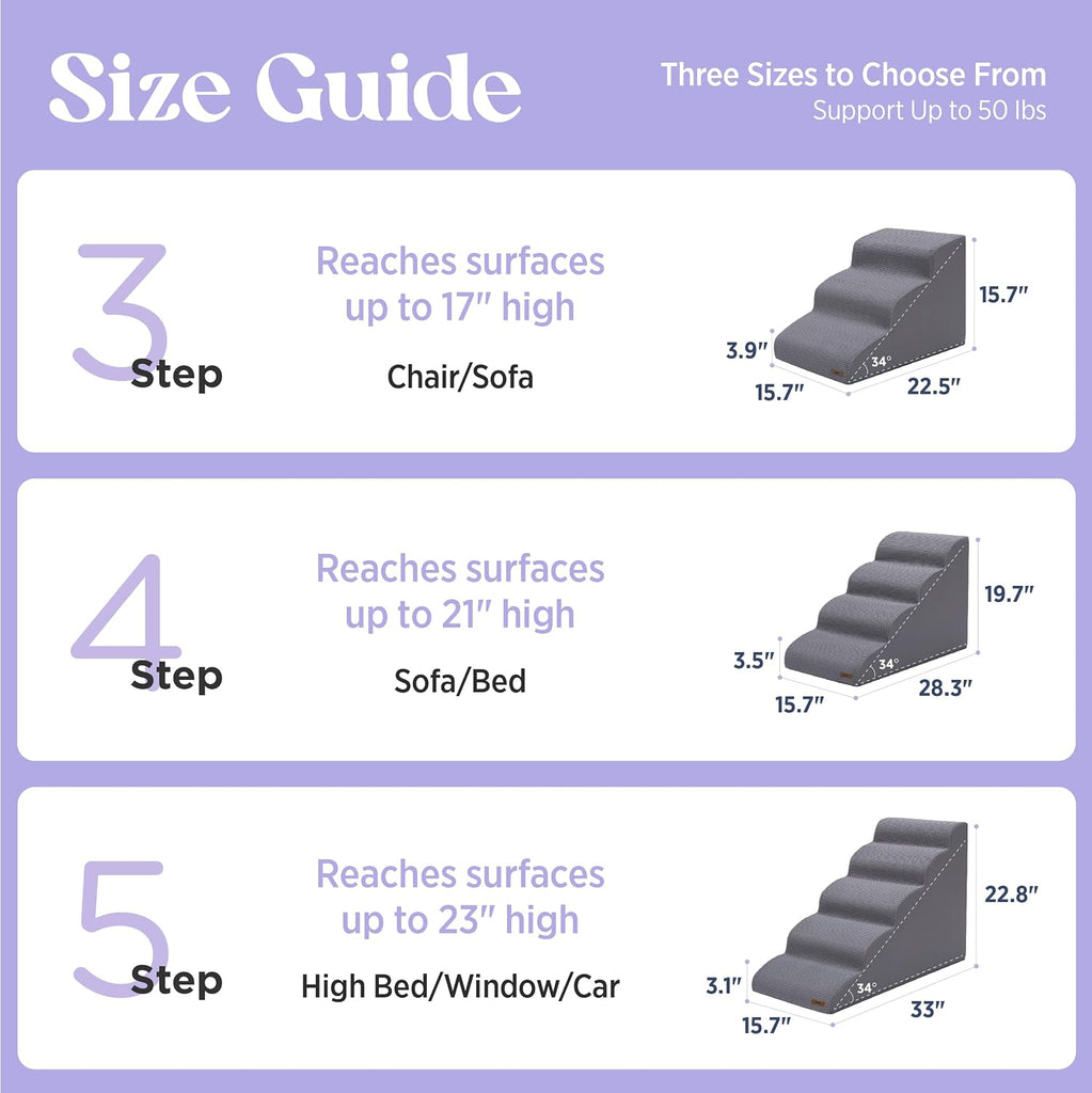 Dog Stairs for Small Dogs, Grey, 4 Step Pet Ramp for Bed and Couch
