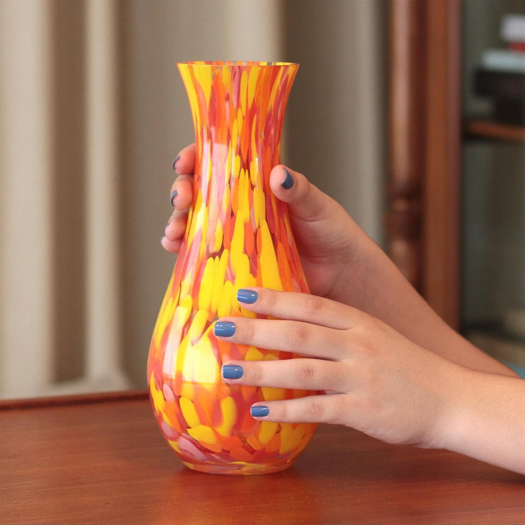 Murano Style Art Glass Vase Hand Blown Orange Confetti Effect Home Decor | Hand Blown Glass Vase, Decorative Table