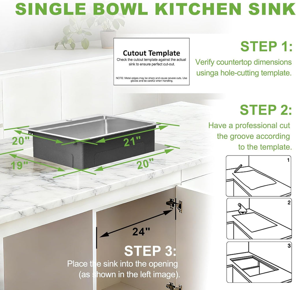 21x20x10 Inch Drop Sink, T304 16-Gauge Stainless Steel Single Bowl, Soundproof Brushed Finish, Includes Drain, Grid