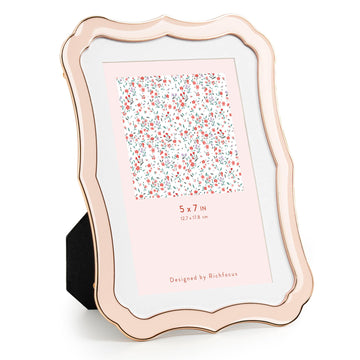 5x7 Enamel Picture Frame with HD-Tempered Glass, Display 4x6 Photo with Mat, Ornate Photo Frame with Gold Metal Edge