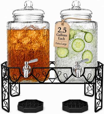 Dual 2.5 Gallon Set with Stainless Steel Spigots, Metal Stand & 2 Drip Trays - Hammered Mason Jar Style Drink