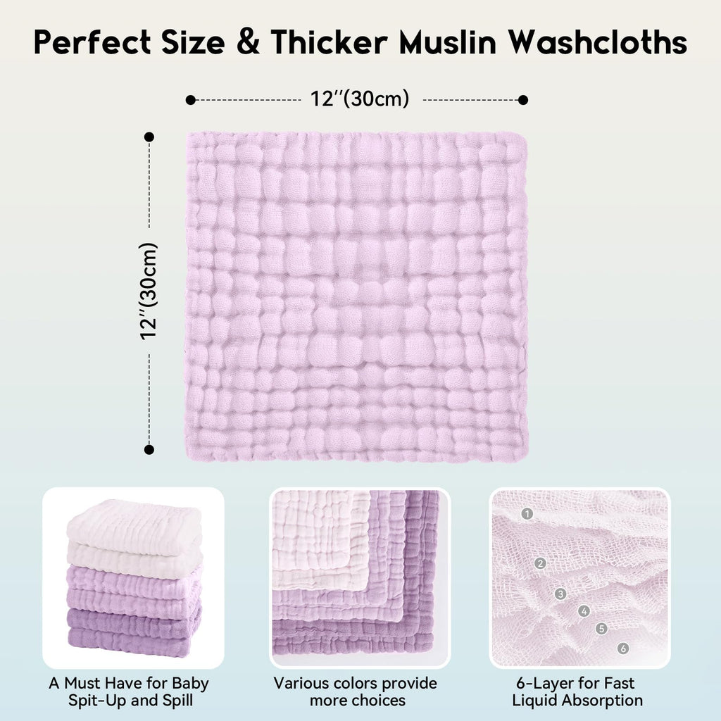 Muslin Burp Cloths Baby 12''X12'', Baby Washcloths 6 Pack, 100% Cotton Baby Wash Cloths Absorbent and Soft for