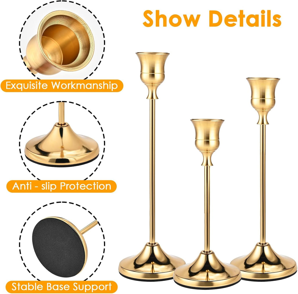 Brass Gold Candle Holders Set of 12, Metal Taper Candlestick Holders in 3 Heights - Vintage Candle Stick Holder Brass