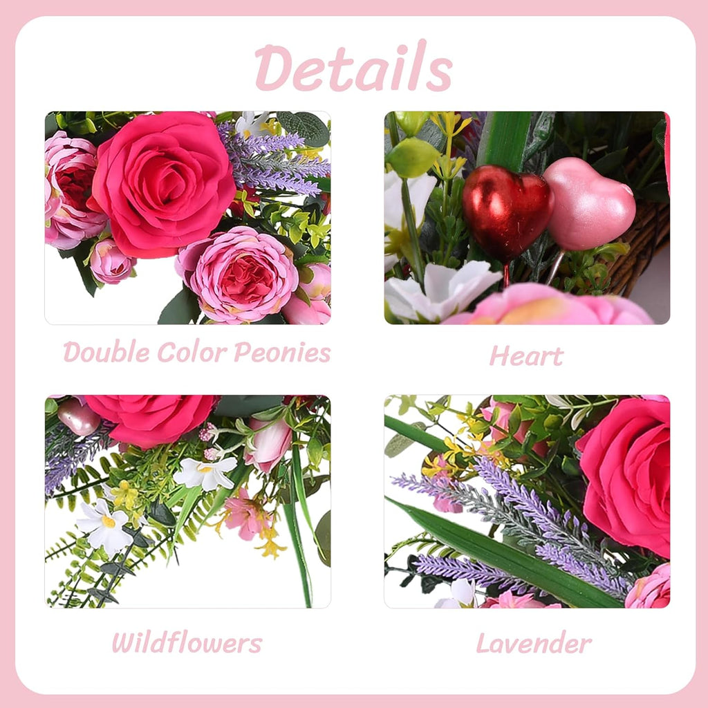22 Inch Valentines Day Wreaths for Front Door Pink Peony Wreath with Roses Tulips Daisies Valentine Door Decorations