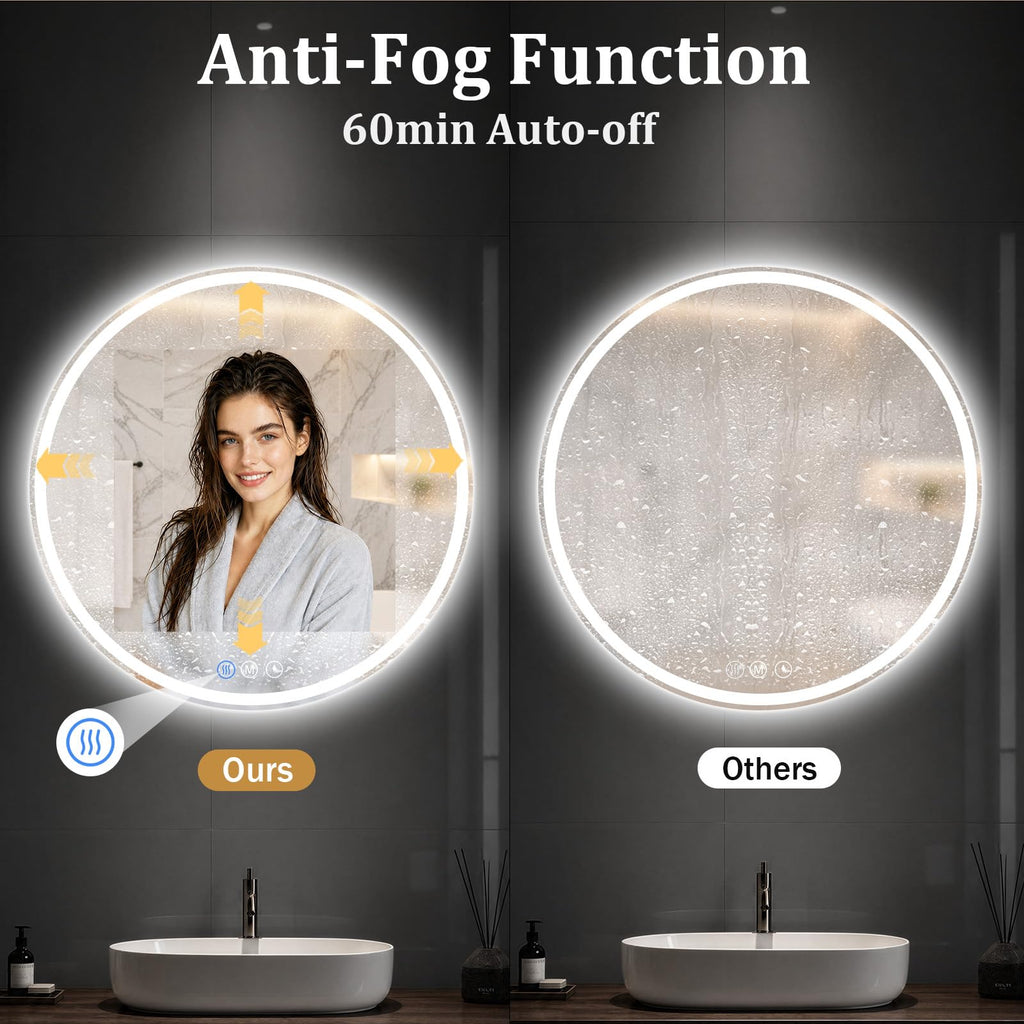 Round LED Bathroom Mirror, 24 Inch, HD Shatterproof Tempered Glass