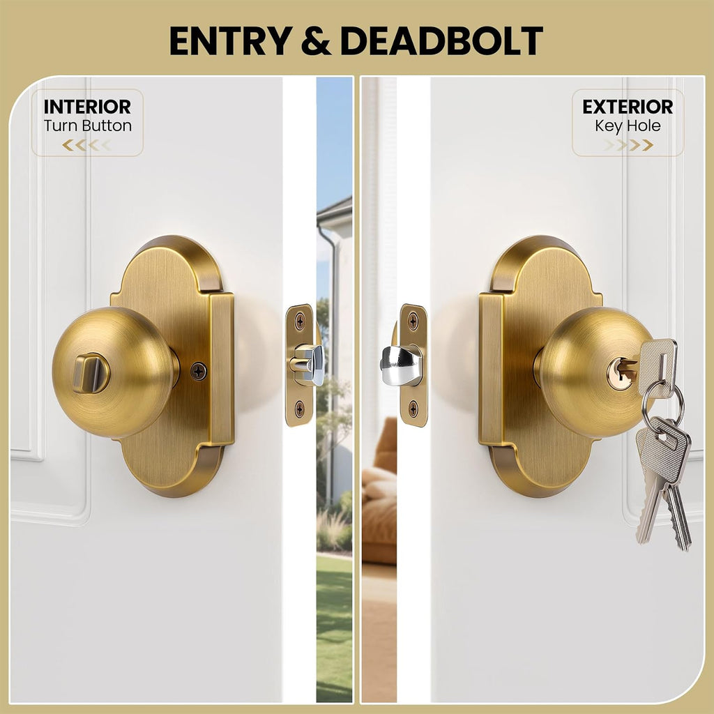 Keyed Alike Entry Door Knobs with Lock and Key, Antique Brass Door Knob