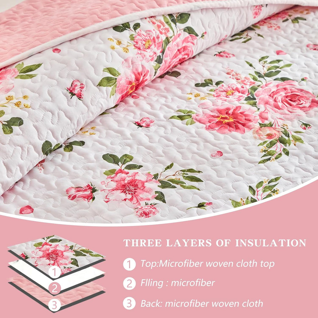 Floral Quilt Set 3 Pieces King White Pink Flower Soft Microfiber Lightweight Summer Reversible Coverlet Bedspread for