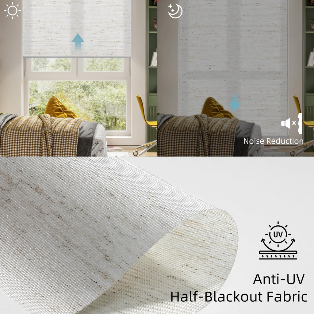 Motorized Light Filtering Roller Shade 70% Blackout Linen White