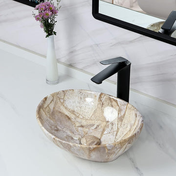 16'' X 13'' Nordic Marbling Oval Vessel Sink with Pop Up Drain,Ceramic Vessel Sink,Bathroom Sinks Above