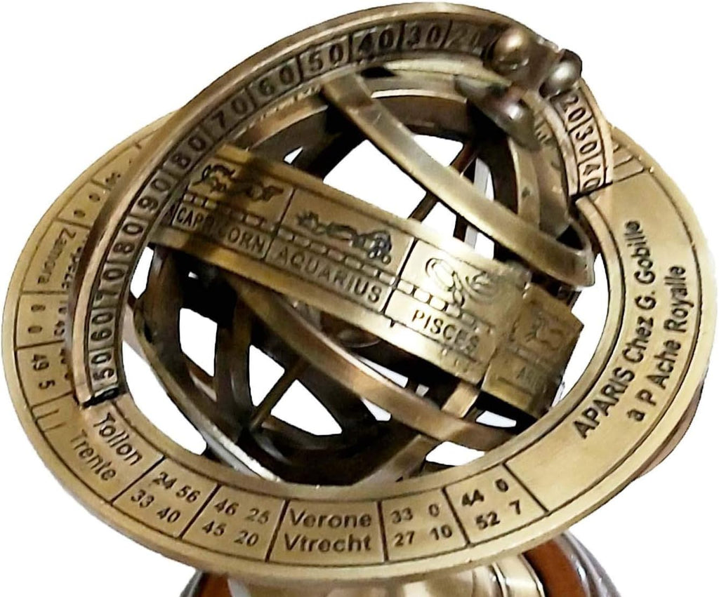 Armillary Astrolabe Sphere Showpiece, Brass and Wooden Base Engraved Brass Tabletop Armillary Nautical Sphere Globe
