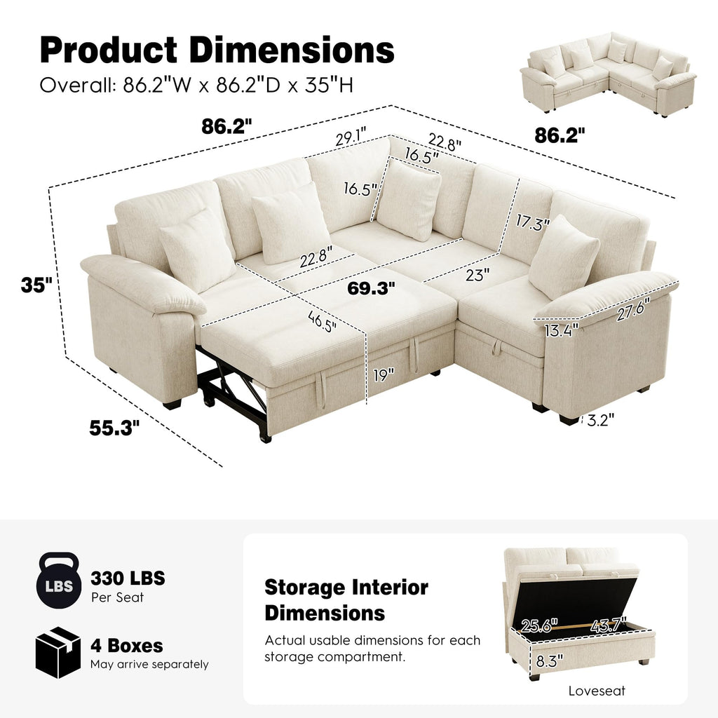 86" Modular Sectional Sofa with Pull Out Bed, 5-Seater L Shaped Sectional Sleeper Couch with Storage, Chenille