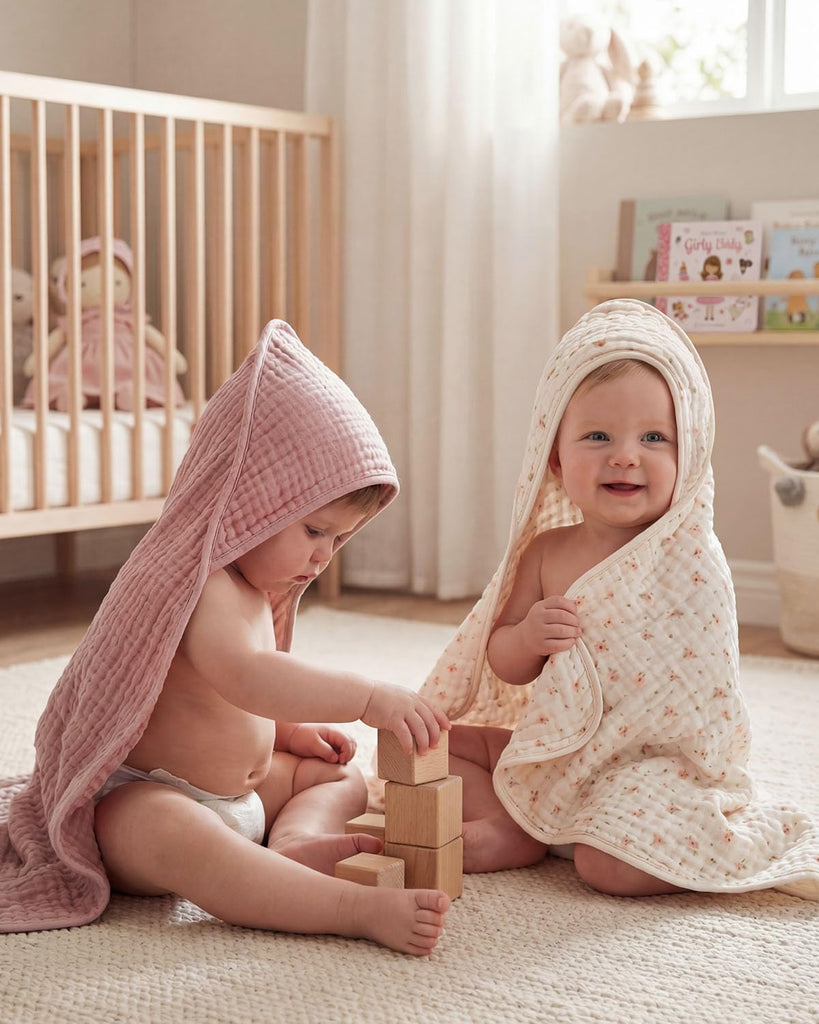 Muslin Baby Hooded Towel 2 Pack, Soft & Absorbent Bath Towel for Baby Girls, Infant Gift, Newborn Essentials, Pink