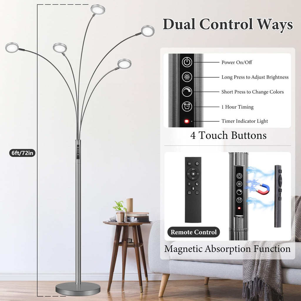 LED Arc Floor Lamp with Remote,2250LM Dimmable Floor Lamp with Timer