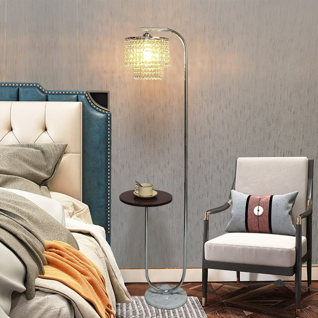 Arc Crystal Floor Lamp - Marble Base Modern Tall Stand Up Light with Table, Contemporary Over the Couch Chrome Lamp