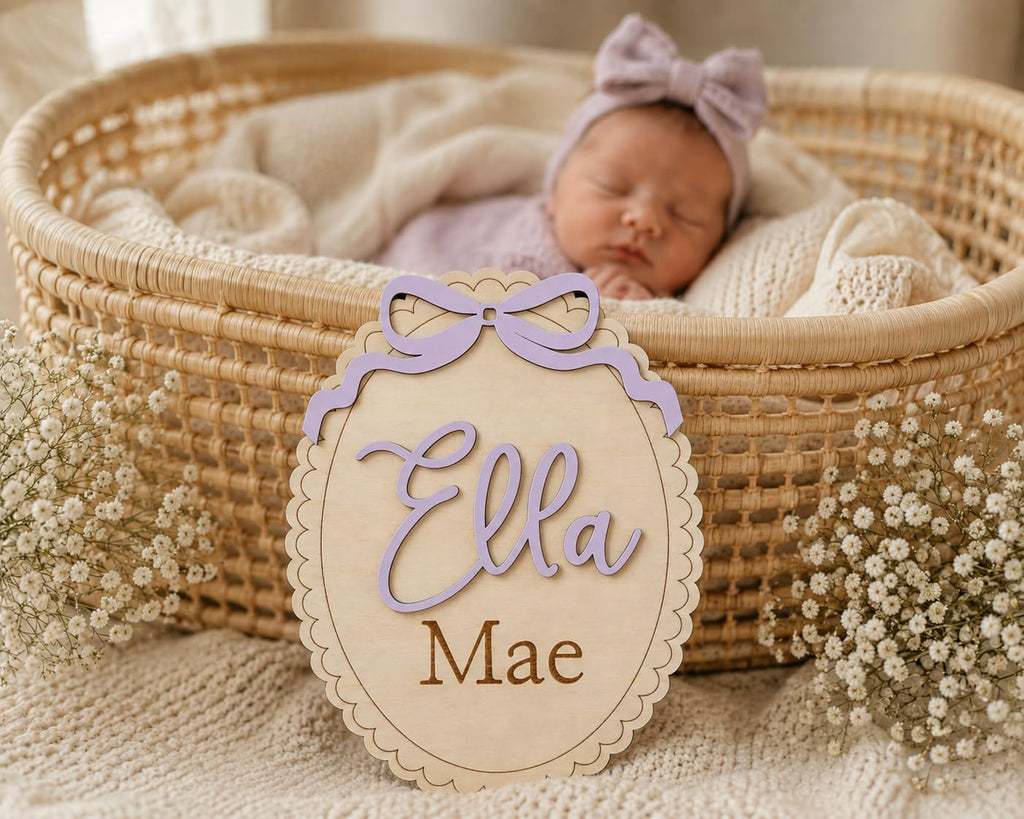 Personalized Baby Name Sign with Bow - Wooden Birth Announcement Keepsake
