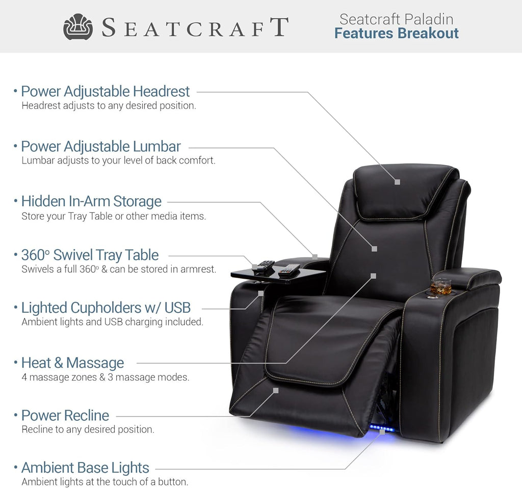Paladin Home Theater Seating, Heat & Massage, Powered Headrest, Powered Lumbar, Italian Leather, Powered Recline