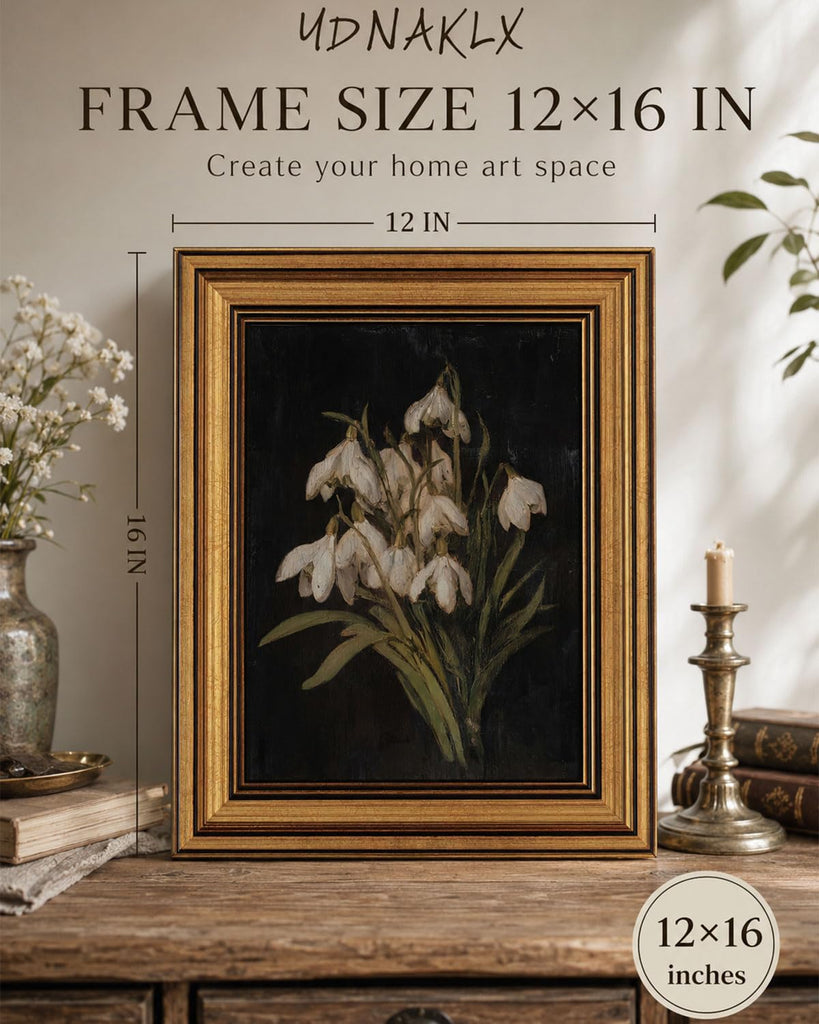 Gold Framed Wall Art, Vintage Snowdrop Flower Canvas Prints, Old World Botanical Still Life Picture Wall Decor, Moody