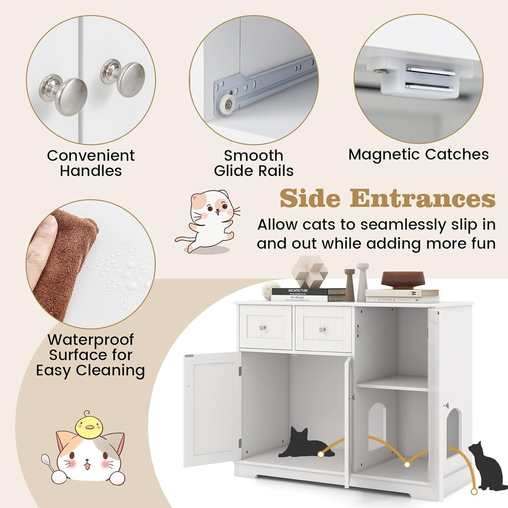 Litter Box Enclosure, 40 Inch Enclosed Cat Box Cabinet with 2 Storage Drawers, 3 Doors & 2 Entrances, Hidden Cat