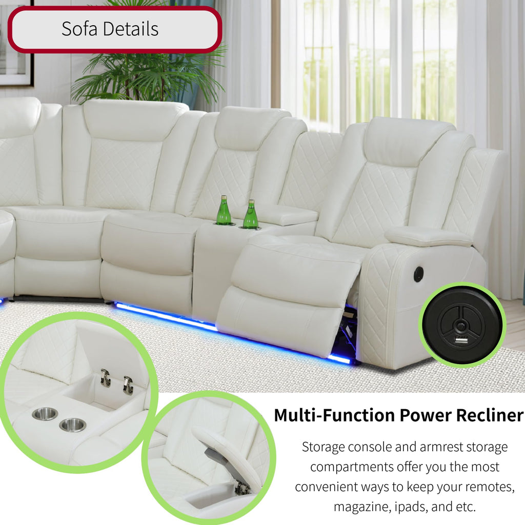Power Recliner Sofa Sectional Sofa with LED Light, Air Leather Reclining Corner Sectional Sofa Set, Cup Holder