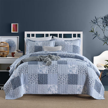 Cotton Bedspread Quilt, Reversible Lightweight Coverlets with 2 Shams, Rose Floral Plaid Pattern Rustic